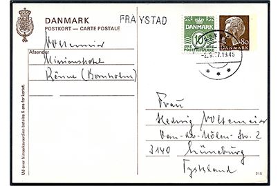 80 øre Margrethe helsagsbrevkort (fabr. 215) opfrankeret med 10 øre Bølgelinie fra Rønne d. 2.9.1977 og sidestemplet med skibsstempel Fra Ystad til Lüneburg, Tyskland.