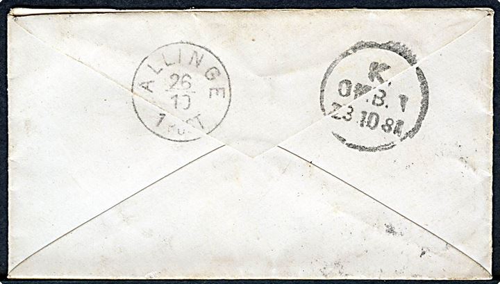 20 pfg. Adler (Revet) på brev annulleret med enringsstempel Ekensund d. 21.10.1881 via Kjøbenhavn til Allinge på Bornholm. Ank.stemplet med lapidar i Allinge d. 26.10.1881.