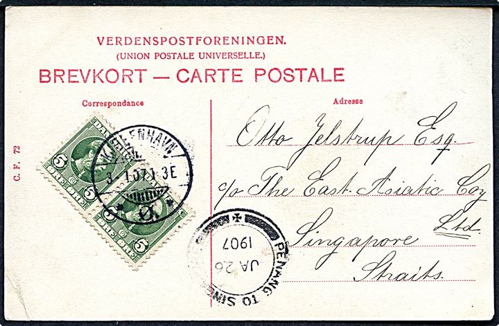 5 øre Chr. IX i parstykke på brevkort (Ny Carlsberg Glyptothek med sporvogn) fra Kjøbenhavn d. 3.1.1907 til Singapore, Straits Settlements. Transit stemplet Penang to Singapore d. 26.1.1907.