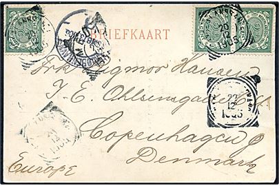 2½ c. Ciffer (3) på brevkort (Een post op de Oostekust van Atjeh) annulleret med svagt stempel d. 20.12.1905 til København, Danmark.