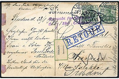 5 pfg. Germania i parstykke på brevkort fra Dresden d. 23.1.1911 til Aarhus, Danmark. Stemplet Opraabt for Budene og returneret med 2-sproget etiket Ubekjendt / inconnu og rammestempel RETOUR.