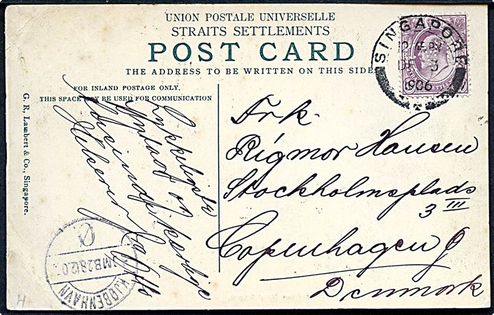 3 c. Edward VII med perfin E.A.C. (Østasiatisk Kompagni) på brevkort (Chinese Girls' School) fra Singapore d. 3.12.1906 til Kjøbenhavn, Danmark.