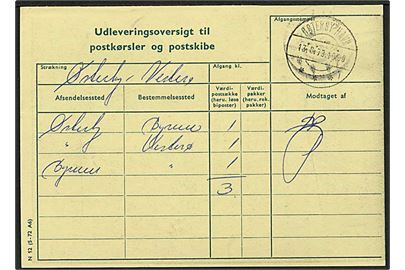 Udleveringsoversigt til postkørsler og postskibe stemplet Østerby Havn sn1 d. 13.8.1973.