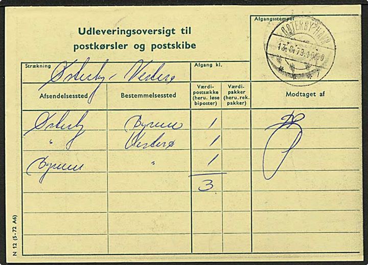 Udleveringsoversigt til postkørsler og postskibe stemplet Østerby Havn sn1 d. 13.8.1973.