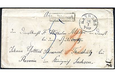 Ufrankeret portobrev med antiqua Randers d. 26.1.18xx via K.D.O.P.A. Hamburg til Roswein, Sachsen. Rammestempel Aus Dänemark og flere portopåtegninger.