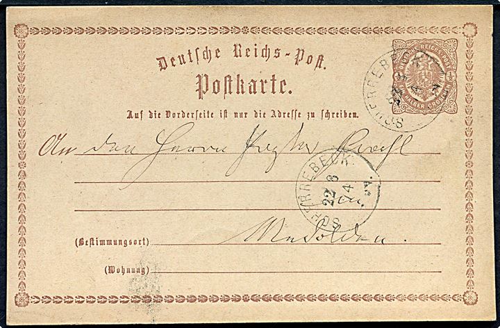½ gr. helsagsbrevkort annulleret med enringsstempel Scherrebeck d. 22.8.1874 til Medolden pr. Scherrebeck.