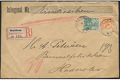5 pfg. Germania og 25 pfg. Adler på anbefalet brev fra Branderup d. 9.2.1901 til Haderslev.