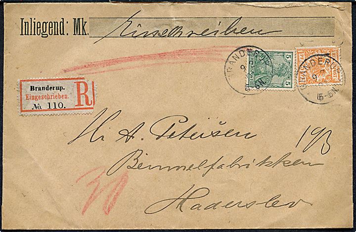 5 pfg. Germania og 25 pfg. Adler på anbefalet brev fra Branderup d. 9.2.1901 til Haderslev.