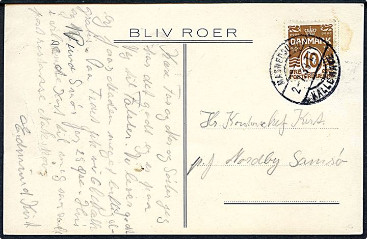 10 øre Bølgelinie på Bliv Roer brevkort annulleret med bureaustempel Masnedsund - Kallehave T.11 d. 2.7.1933 til Nordby, Samsø.