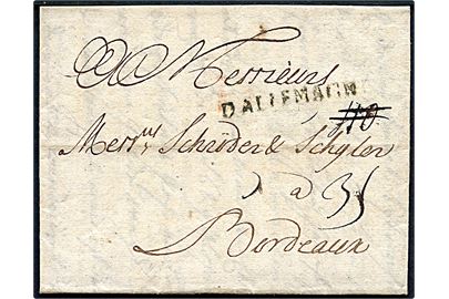 1743. Portobrev med indhold dateret i Hamburg d. 25.1.1747 til Bordeaux, Frankrig. Liniestempel D'ALLEMAGNE