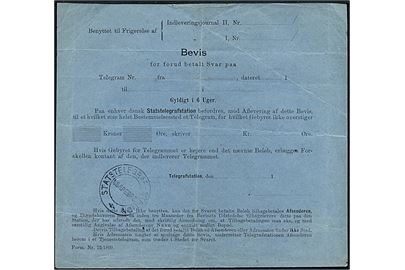Bevis for forud betalt Svar - formular Form. Nr. 73/1899 - stemplet Statstelegraf-Station Nørrebro. Ubrugt.