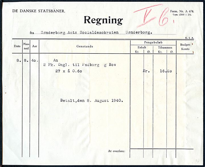 Danske Statsbaner 40 øre (3) og 60 øre (25) Rutebilpk. provisorium annulleret Sønderborg Bystation på bagsiden af regning til Sønderborg Amts Socialdemokraten, for befordring af 2 avispakker dagligt til Padborg og Bov dateret d. 8.8.1940.