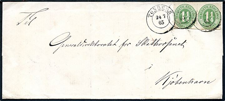 Herzogth. Schleswig 1 1/4 sch. stukken kant i parstykke på brev annulleret med 2-ringsstempel Tondern d. 24.7.1865 via Flensburg og Kolding til Kjøbenhavn.