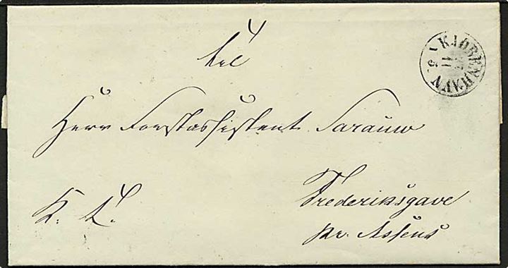 1852. Ufrankeret tjenestebrev fra Kjøbenhavn d. 27.11.1852 til Frederiksgave pr. Assens.