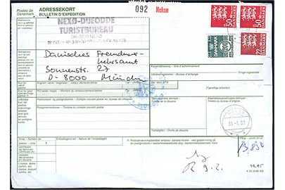 200 øre Bølgelinie, 22 kr. og 50 kr. (par) Rigsvåben på 124 kr. frankeret internationalt adressekort for pakke annulleret med lille postsparestempel brotype Ih Neksø d. 31.1.1989 til München, Tyskland.