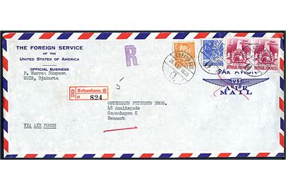 Indonesien 75 s. (2) og 1 R., samt dansk 80 øre Fr. IX på fortrykt kuvert fra det amerikanske udenrigsministerium sendt med kurer fra USIS i Djakarta til København og efterfølgende anbefalet lokalt i København d. 26.4.1957. Påskrevet via air pouch.