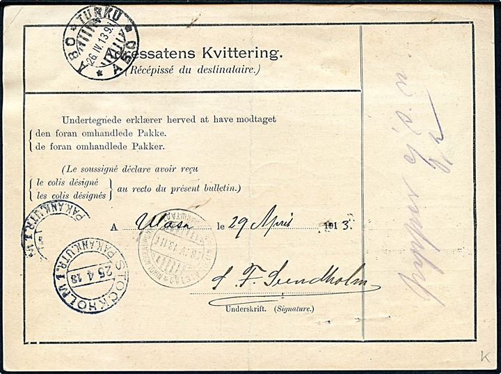 15 øre Bølgelinie i parstykke, 50 øre og 100 øre Fr. VIII på 180 øre frankeret internationalt adressekort for pakke fra Kjøbenhavn d. 24.4.1913 til Wasa, Finland.