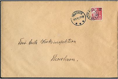 20/15 øre Provisorium på brev annulleret med udslebet stjernestempel VESTMANHAVN og sidestemplet Thorshavn d. 9.9.1941 til Thorshavn.