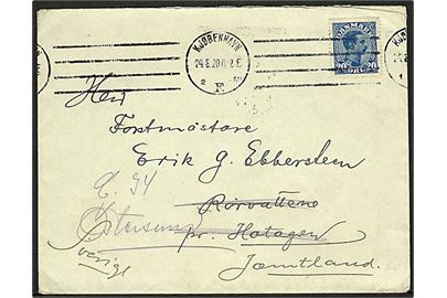20 øre Chr. X på brev fra Kjøbenhavn d. 26.8.1920 til Rörvattene, Sverige - eftersendt.