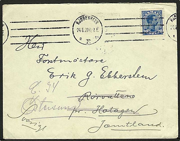 20 øre Chr. X på brev fra Kjøbenhavn d. 26.8.1920 til Rörvattene, Sverige - eftersendt.
