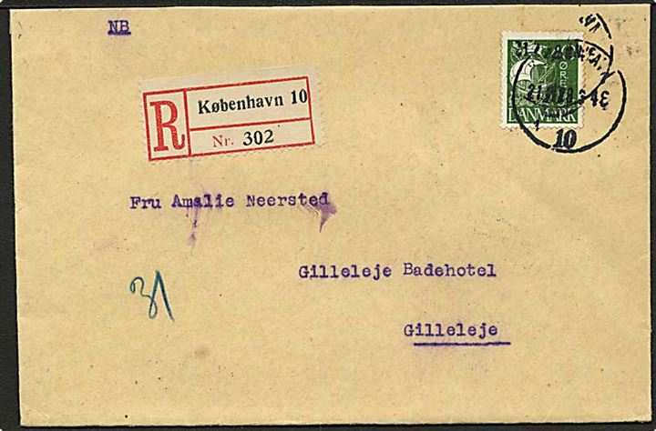 40 øre Karavel single på anbefalet brev fra København d. 21.7.1928 til Gilleleje.