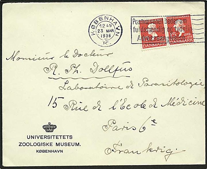 15 øre H.C.Andersen i parstykke på brev fra København d. 23.3.1936 til Paris, Frankrig.