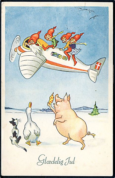 Glædelig Jul. Nisse flyver afsted i flyvemaskine. S. 473//A 9102. A3/103/64. Med julemærke. 