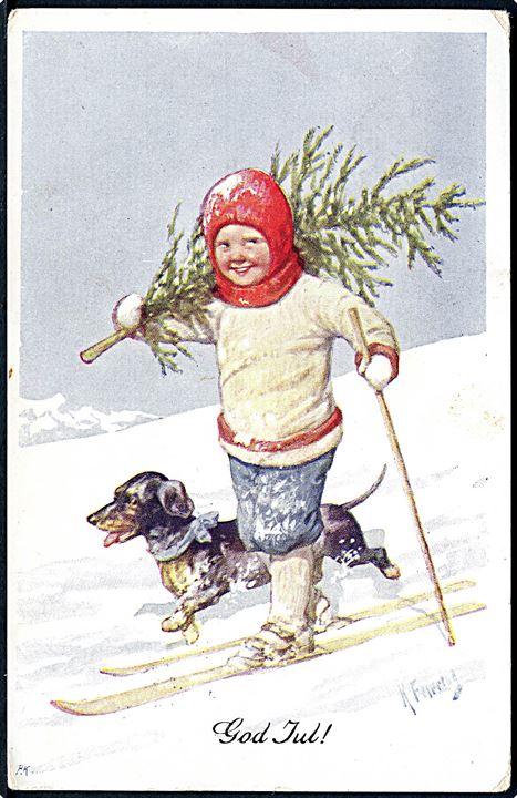 K. Feiertag: God Jul. Dreng på ski. Juletræ på skulderen. B. K. W. I. no. 2991-5. 