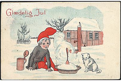 Ludvig Møgelgaard: Glædelig Jul. Nisse og kat sidder ved varm risengrød. Alex Vincents, serie 318 / 2. 