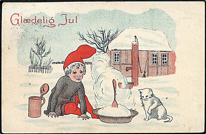 Ludvig Møgelgaard: Glædelig Jul. Nisse og kat sidder ved varm risengrød. Alex Vincents, serie 318 / 2. 
