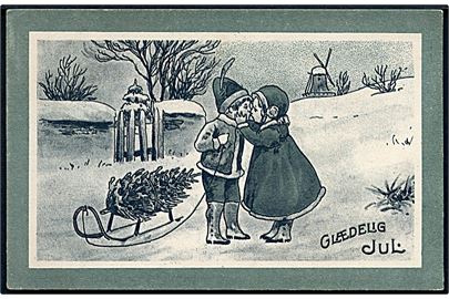 Ukendt Kunstner: Glædelig Jul. Pige og dreng kysser. Mølle ses i baggrunde. Alex Vincents, serie 154 / 2. 