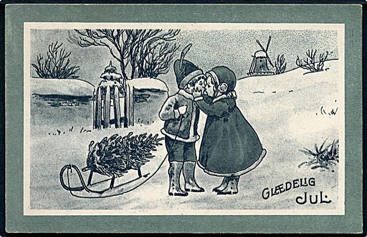Ukendt Kunstner: Glædelig Jul. Pige og dreng kysser. Mølle ses i baggrunde. Alex Vincents, serie 154 / 2. 