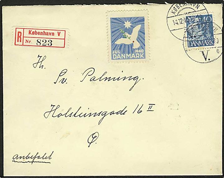 40 øre Karavel og Julemærke 1940 på lokalt anbefalet brev i København d. 14.12.1940.