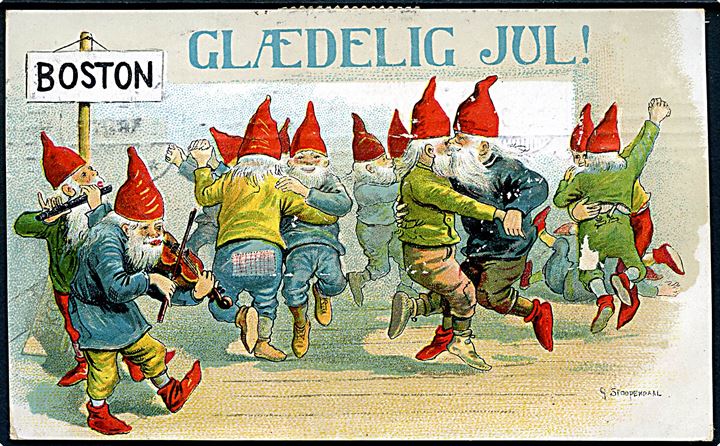 G. Stoppendahl: Glædelig Jul. Nisser danser Boston og spiller musik. U/no. Julemærke. 