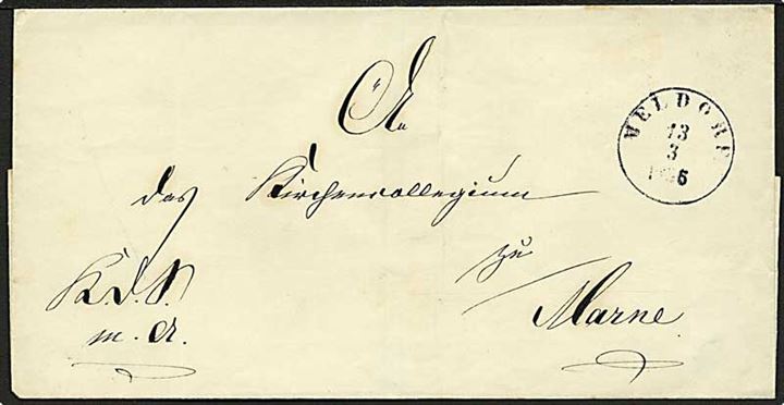 1856. Ufrankeret tjenestebrev med antiqua stempel Meldorf d. 13.3.1856 til Marne.
