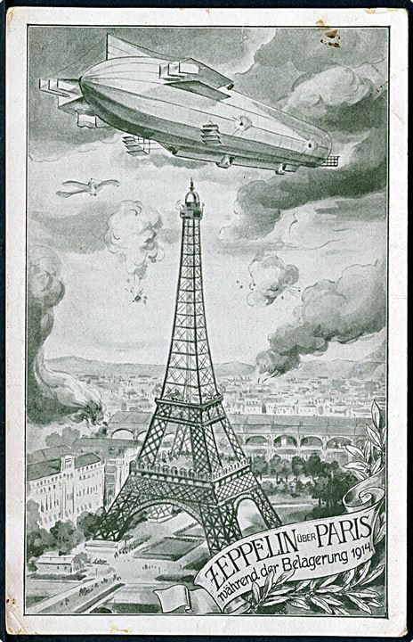 Zeppeliner over Paris under belejringen 1914. Anvendt som ufrankeret tysk feltpostkort.