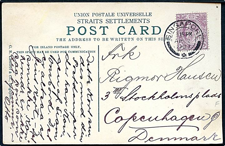 Singapore, Dansere. Frankeret med Straits Settlements 3 c. Edward VII fra Singapore d. 2.4.1907 til København. Iflg. meddelese er kortet sendt en postdamper som har den siamesiske konge ombord. 