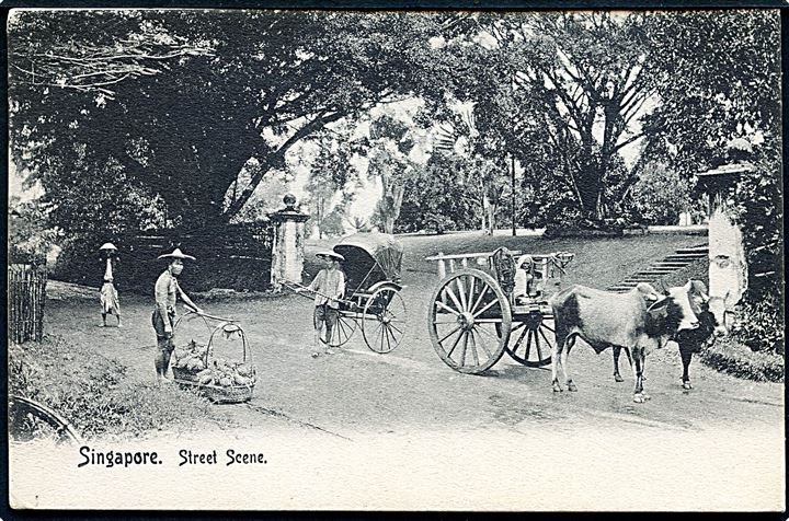 Singapore, street scene. Frankeret med Straits Settlements 3 c. Edward VII fra Singapore d. 27.2.1908 til København.