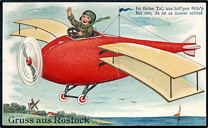 Rostock, Gruss aus med flyvemaskine og prospekter i lomme. P. Bäcker u/no.