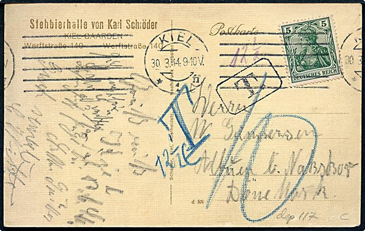 Kiel, Stehbierhale von Karl Schröder. Frankeret med 5 pfg. Germania og sendt underfrankeret fra Kiel 1914 til København. Udtakseret i 10 øre dansk porto.
