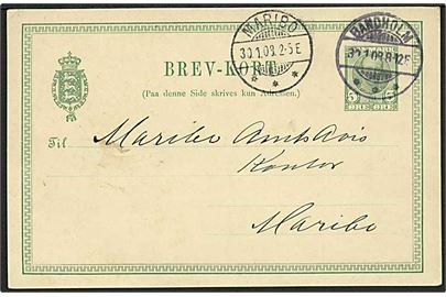 5 øre Fr. VIII helsagsbrevkort stemplet Bandholm d. 30.1.1908 til Maribo.