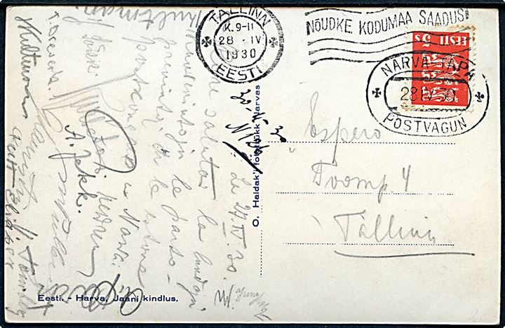 5 s. Løve på brevkort fra Narva annulleret med ovalt bureaustempel Narva - Tapa Postvagun d. 28.4.1930 til Tallinn.