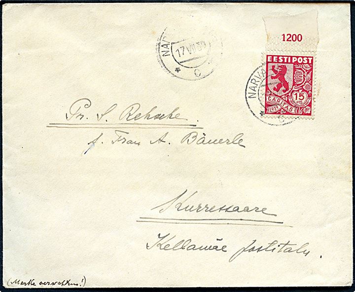 15+15 s. Provinsvåben velgørenheds udg. single på brev fra Narva d. 17.7.1939 til Kurressaare.