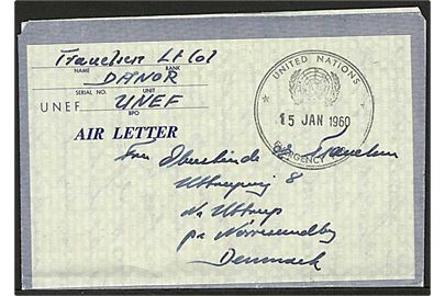 Ufrankeret fortrykt UNEF aerogram stemplet United Nations Emergency Force d. 15.1.1960 til Nr. Uttrup, Nørresundby. Fra Officer ved DANOR i Gaza.