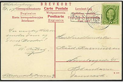5 öre Oscar II på brevkort annulleret med bureaustempel Kjøbenhavn - Helsingborg d. 1.8.1907 og sidestemplet Fra Sverige til København, Danmark. 