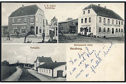 Skodborg, partier med Møllegade med stationen, T. E. Dahl's Forretning og Bertramsen's Hotel. A. Juul u/no.