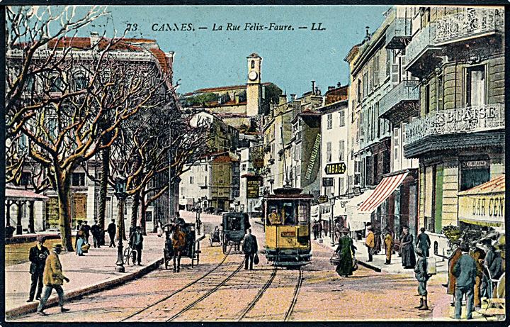 Cannes, la Rue Felix-Faure med sporvogn. No. 73.