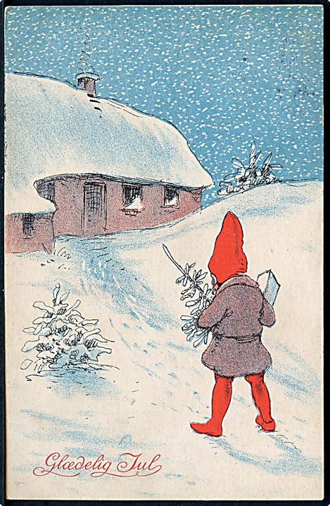 Ukendt Kunstner: Glædelig Jul. Nisse med gran og gave, går mod huset. Alex Vincents, serie 253 / 2. 