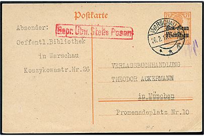 Gen. Gouv. Warschau. 7½ pfg. provisorisk helsagsbrevkort fra Warschau d. 26.2.1917 til München. Rødt censurstempel fra Posen.