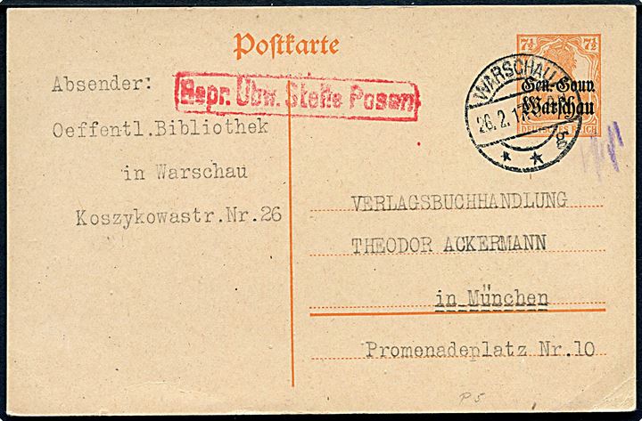 Gen. Gouv. Warschau. 7½ pfg. provisorisk helsagsbrevkort fra Warschau d. 26.2.1917 til München. Rødt censurstempel fra Posen.